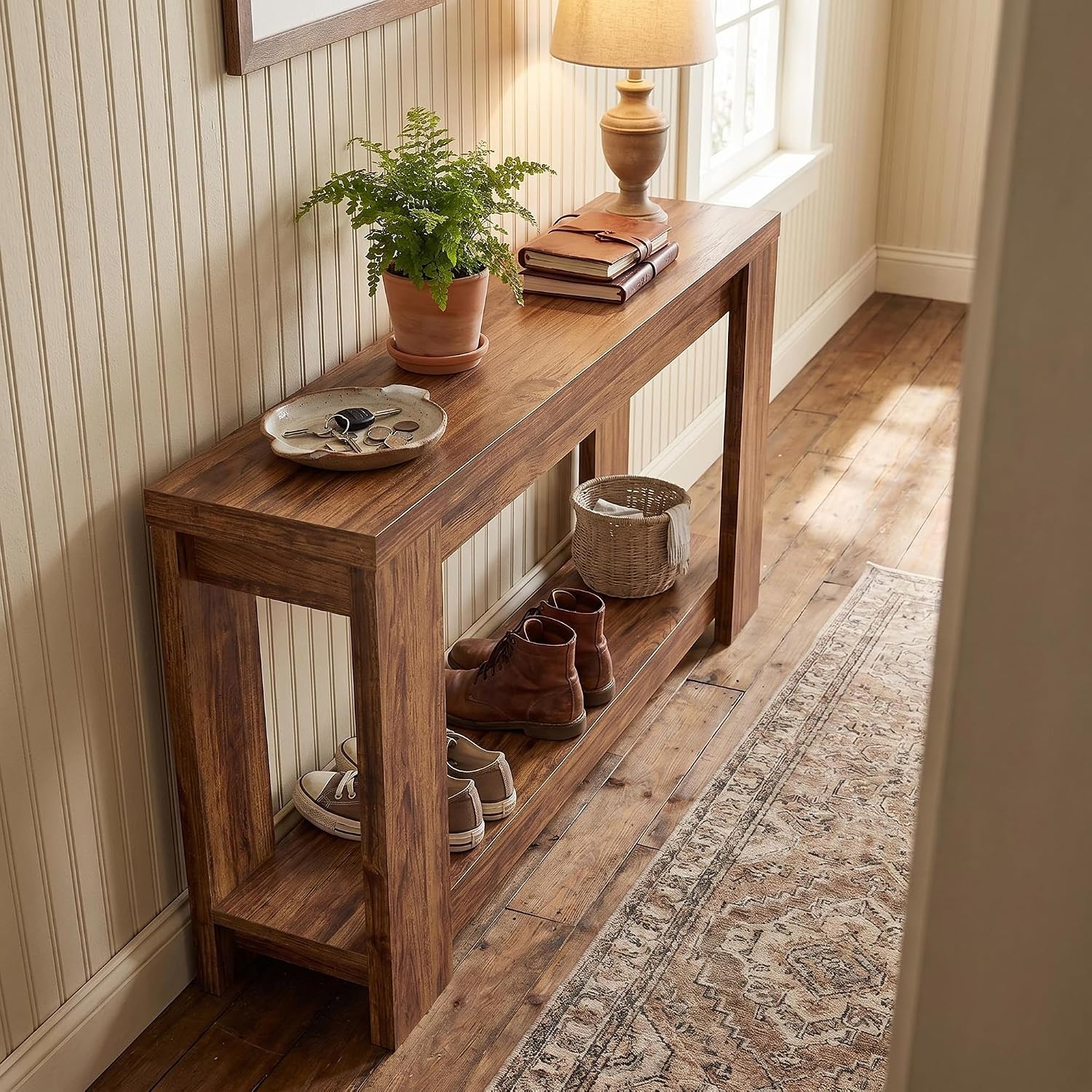 70.9" Rustic Farmhouse Console Sofa Table - Heavy Duty MDF Entryway Table with 2-Tier Storage, Narrow Long Table for Behind Couch, Brown