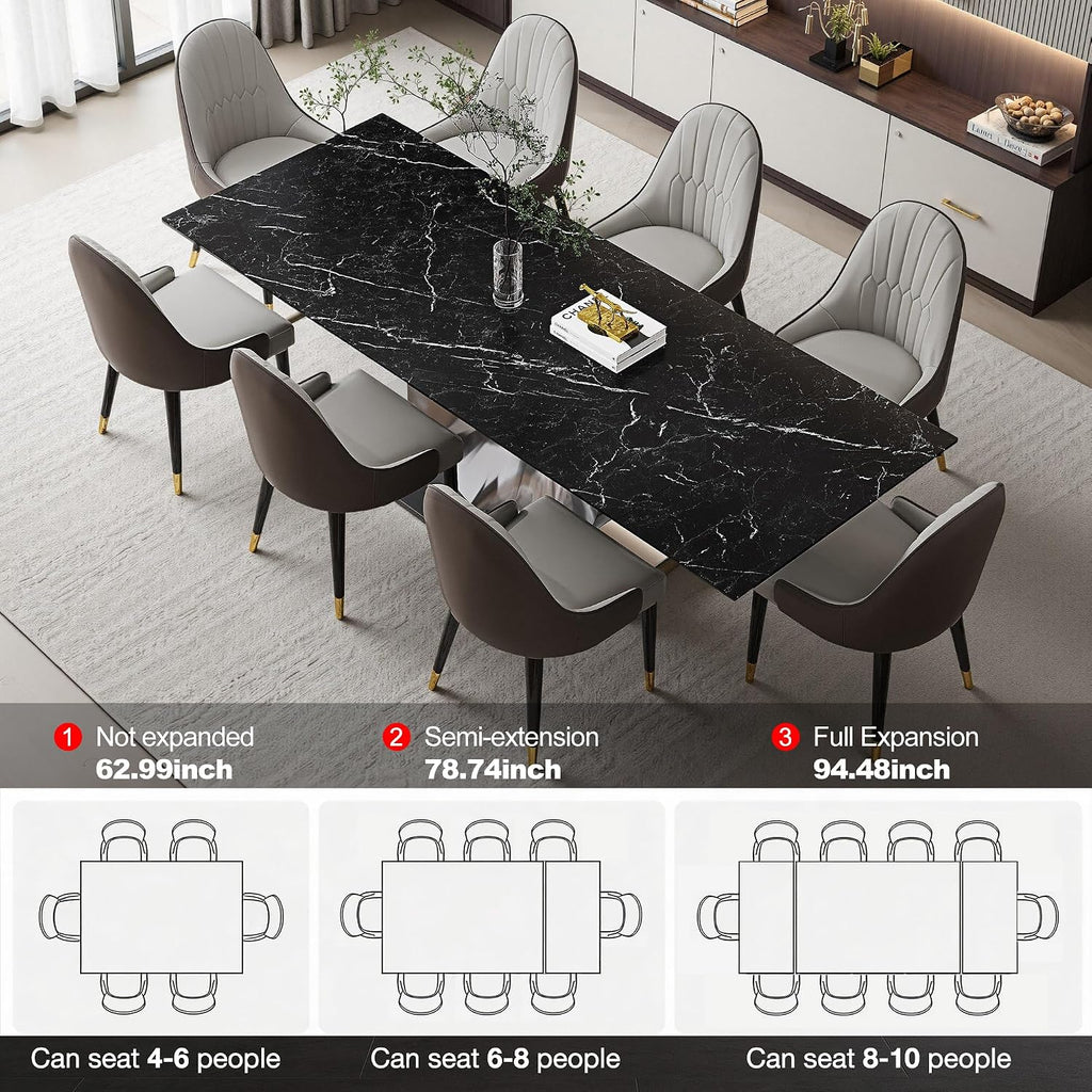 Modern Expandable Dining Table 62.99" to 94.48", 6-10" Marble Look Sintered Stone Rectangular Dining Table with Black Carbon Steel Crescent Legs, Save Dining Room Kitchen Space (Knight Black)