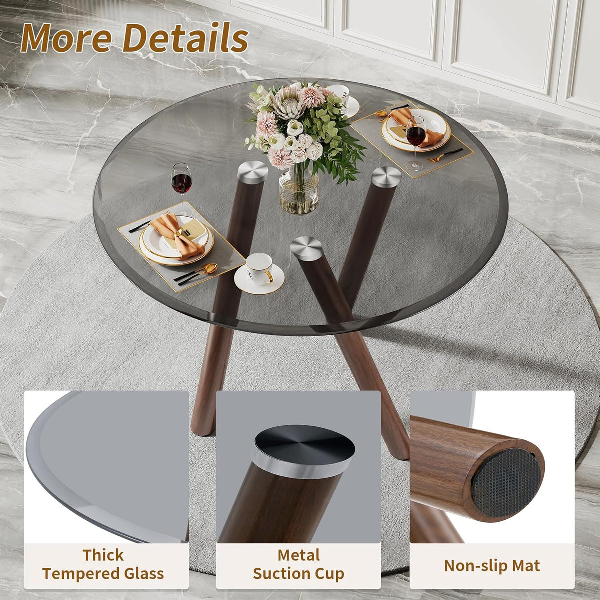 LKTART Small Glass Dining Table for 2-4 People, 35" Round Dining Table with Metal Legs, Glass Kitchen Table for Dining Room Home Office Small Spaces, Walnut