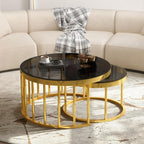 Round Nesting Coffee Table Set of 2 with Gold Frame & Mirrored Top, Black | Modern Circular Cocktail Tables with Tempered Glass, Space-Saving for Living Room & Apartment