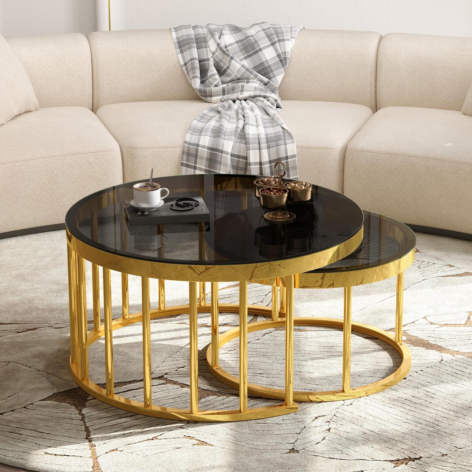 Round Nesting Coffee Table Set of 2 with Gold Frame & Mirrored Top, Black | Modern Circular Cocktail Tables with Tempered Glass, Space-Saving for Living Room & Apartment