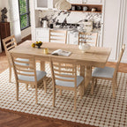 P PURLOVE 7 Piece Extendable Dining Table Set, Wooden Rustic Extendable Table with 18" Move Leaf and 6 piece Upholstered Chairs for Dining Room, Kitchen (Natural)