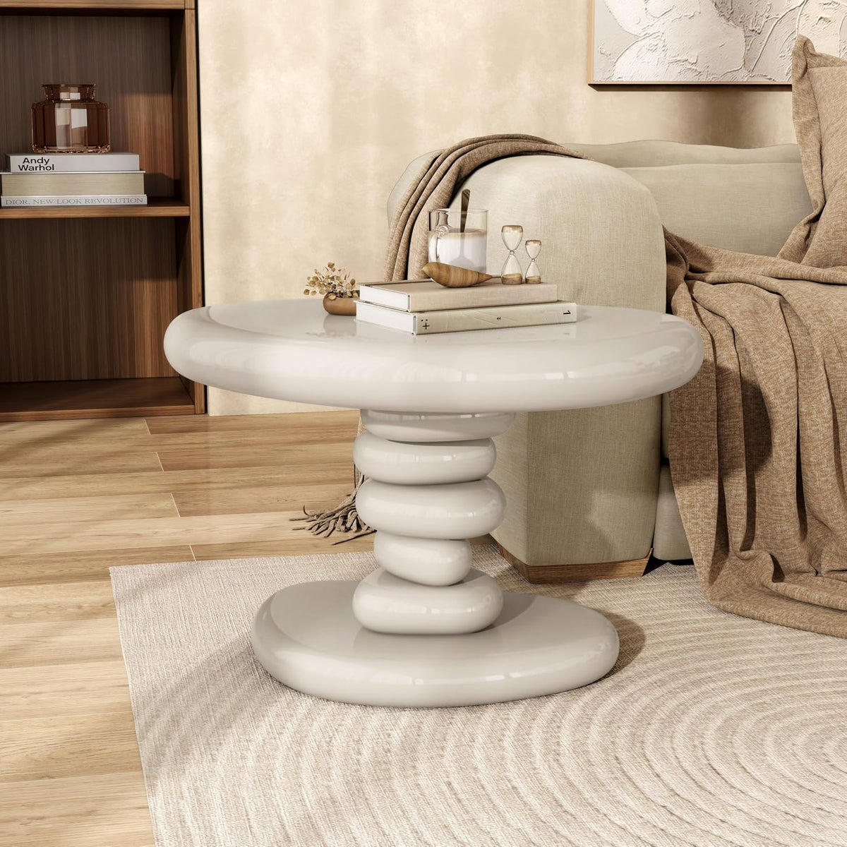 24/7 Shop at Home Kavren Modern 22-inch Oval Glossy Pedestal End Table, Stone Shape Living Room Furniture for Small Space, Ivory