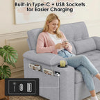 58'' Convertible Sofa Bed with USB Charger and Cup Holders, Teddy Fabric Loveseat Pull Out Couch with Adjustable Backrest and Side Pocket for Small Space(Grey)