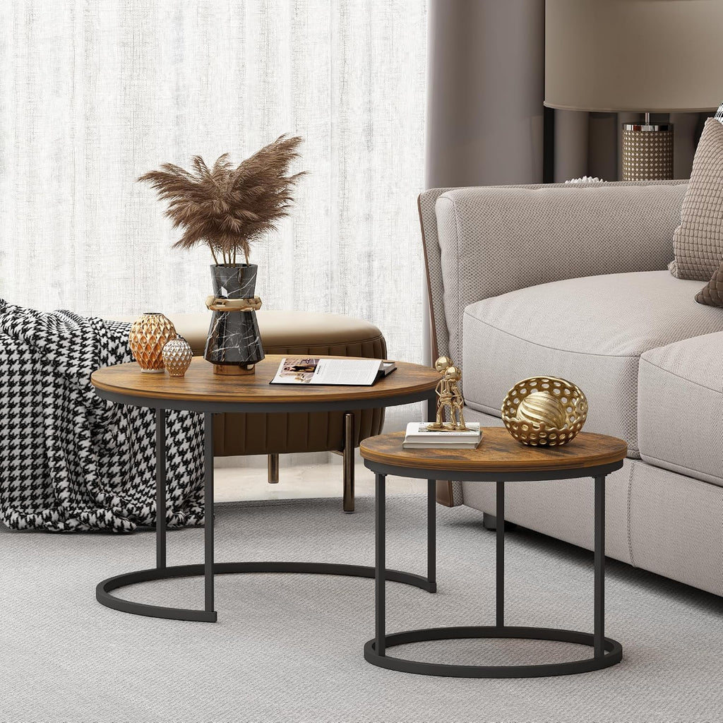 27.6" Round Nesting Coffee Table Set of 2, Rustic Wood Top & Metal Frame | Set of 2 round nesting coffee tables with metal frames and 120 lb capacity. Space-saving stacking design for living rooms