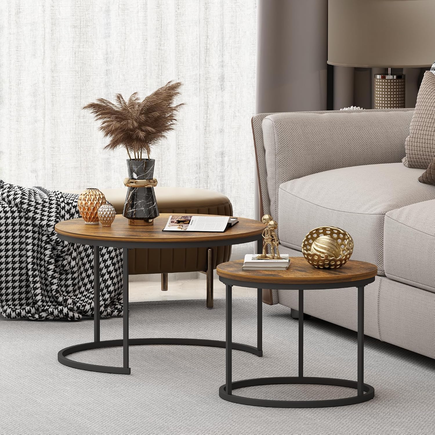 27.6" Round Nesting Coffee Table Set of 2, Rustic Wood Top & Metal Frame | Set of 2 round nesting coffee tables with metal frames and 120 lb capacity. Space-saving stacking design for living rooms
