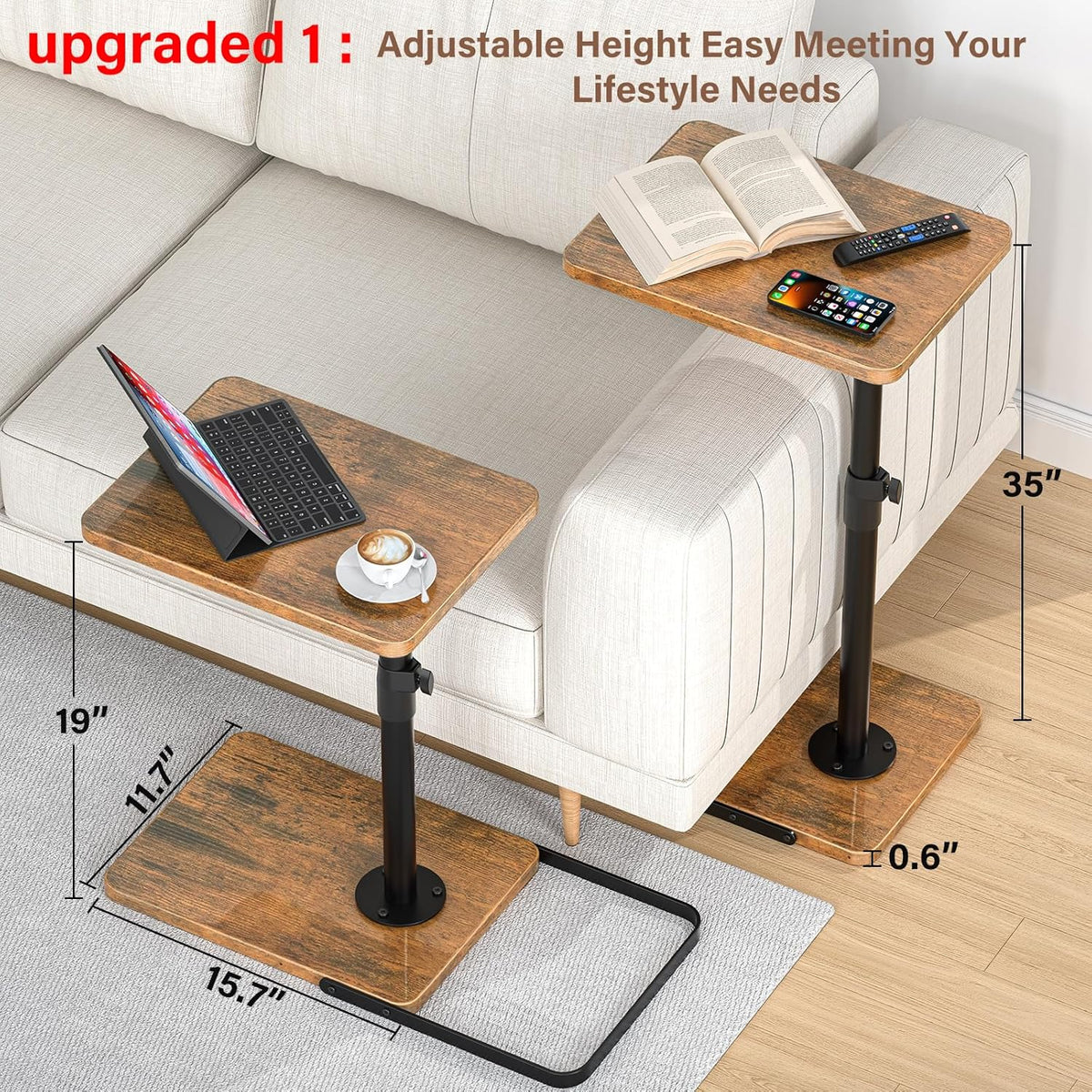 C Table End Table Adjustable Height, 360°Swivel TV Tray Table, Upgraded Metal and Wooden Base to Prevent Slipping, Couch Armrest Table Snack Tables for Laptop Sofa Bed Dinner or Small Space(Brown）