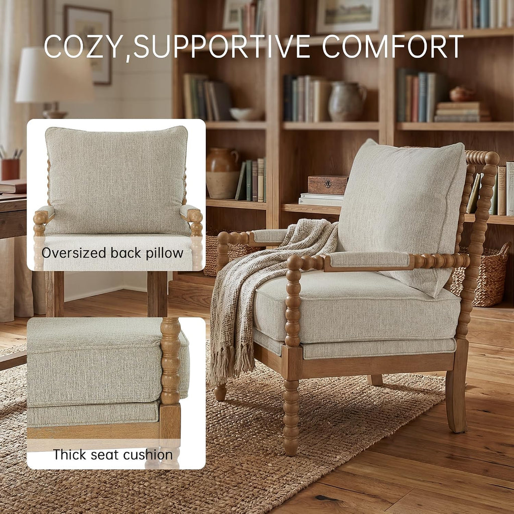 Morden Fort Linen Fabric Spindle Accent Chair with Wood Frame, French Style Accent Chairs with Padded Spring Seat and Armrest Pads, Brushed Base for Living Room Bedroom Farmhouse Office Balcony(Beige)