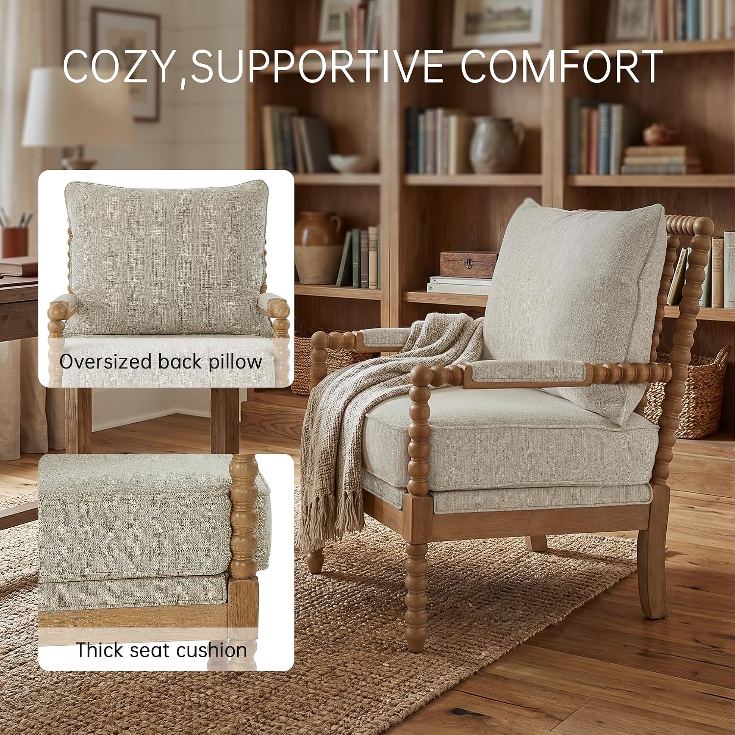 Morden Fort Linen Fabric Spindle Accent Chair with Wood Frame, French Style Accent Chairs with Padded Spring Seat and Armrest Pads, Brushed Base for Living Room Bedroom Farmhouse Office Balcony(Beige)