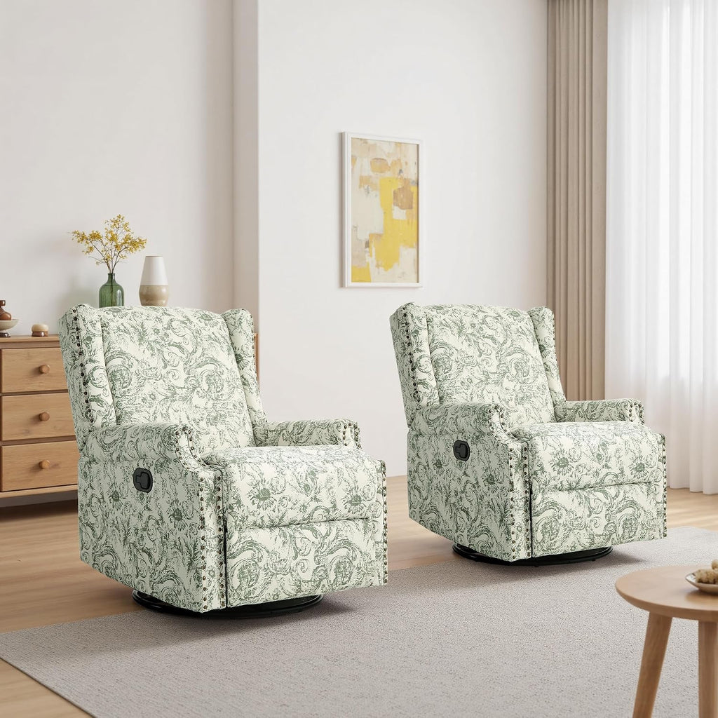 Swivel Glider Floral Recliner Chair, High Back Swivel Rocker Fabric Wingback Chair for Living Room, Rivet Trim Upholstered Armchair Manual Sofa Seating - Rococo Green