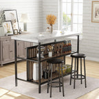 Recaceik 3 Piece Pub Set, Rectangular 2 Bar Stools, Faux Marble Dining Room Set of 2, Modern Counter Height Table with Storage, Kitchen Island with Seating, White