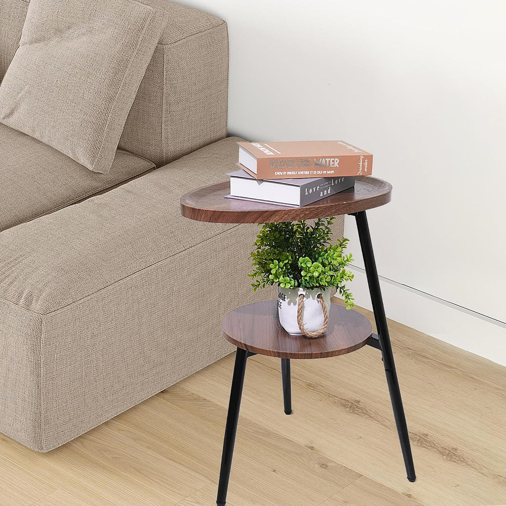 Side Table Small End Table, Oval Round Wood Sofa Table, 2 Tier Accent Table Nightstand Bedside Table with Metal Frame for Living Room, Bedroom, Small Spaces (Rustic Brown)