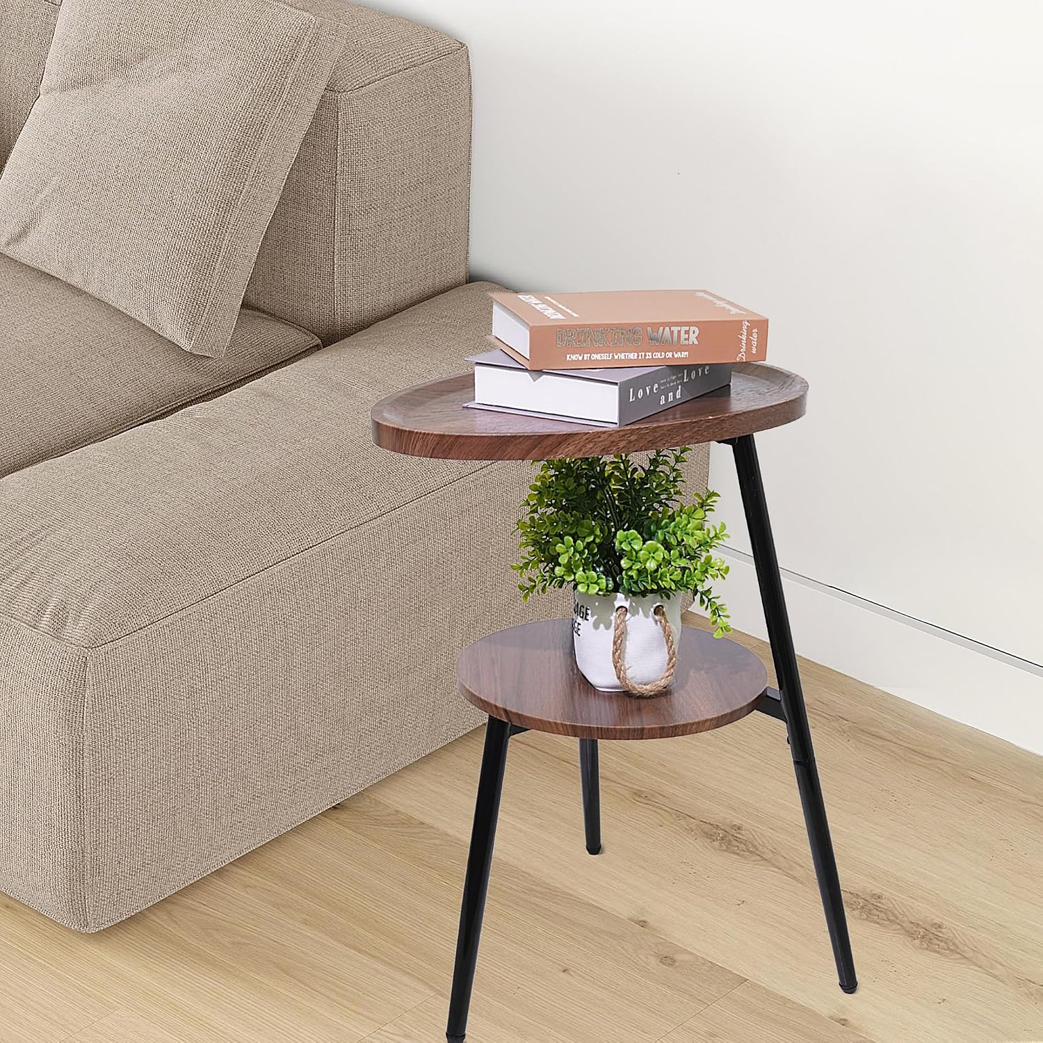 Side Table Small End Table, Oval Round Wood Sofa Table, 2 Tier Accent Table Nightstand Bedside Table with Metal Frame for Living Room, Bedroom, Small Spaces (Rustic Brown)