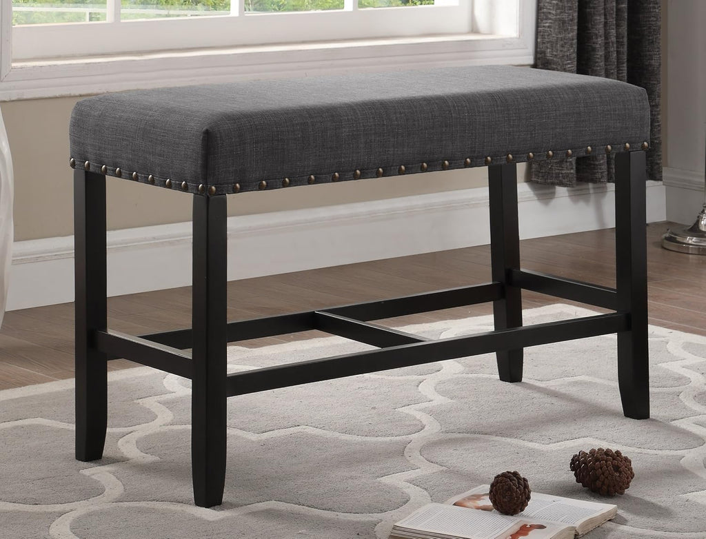 Fabric Counter Height Dining Bench with Nailhead Trim in Grey, Modern Kitchen Bar Stool for Small Spaces, Comfortable Seating with Durable Upholstery