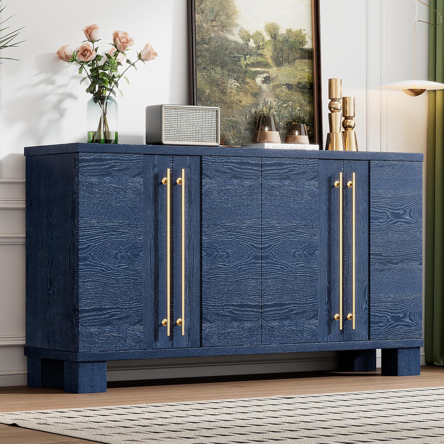 Modern Sideboard Cabinet 60-Inch Wood Console Storage Cabinet Credenza Dining Buffet Table with 4 Doors and Adjustable Shelves for Living Room Entryway, Navy Blue