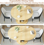 47"-63" Extendable Round-to-Oval Dining Table with Double-Layer Hidden Storage, Fluted Cylindrical Base and Sliding Doors, Modern Farmhouse Kitchen Table for Dining Room or Office, Oak