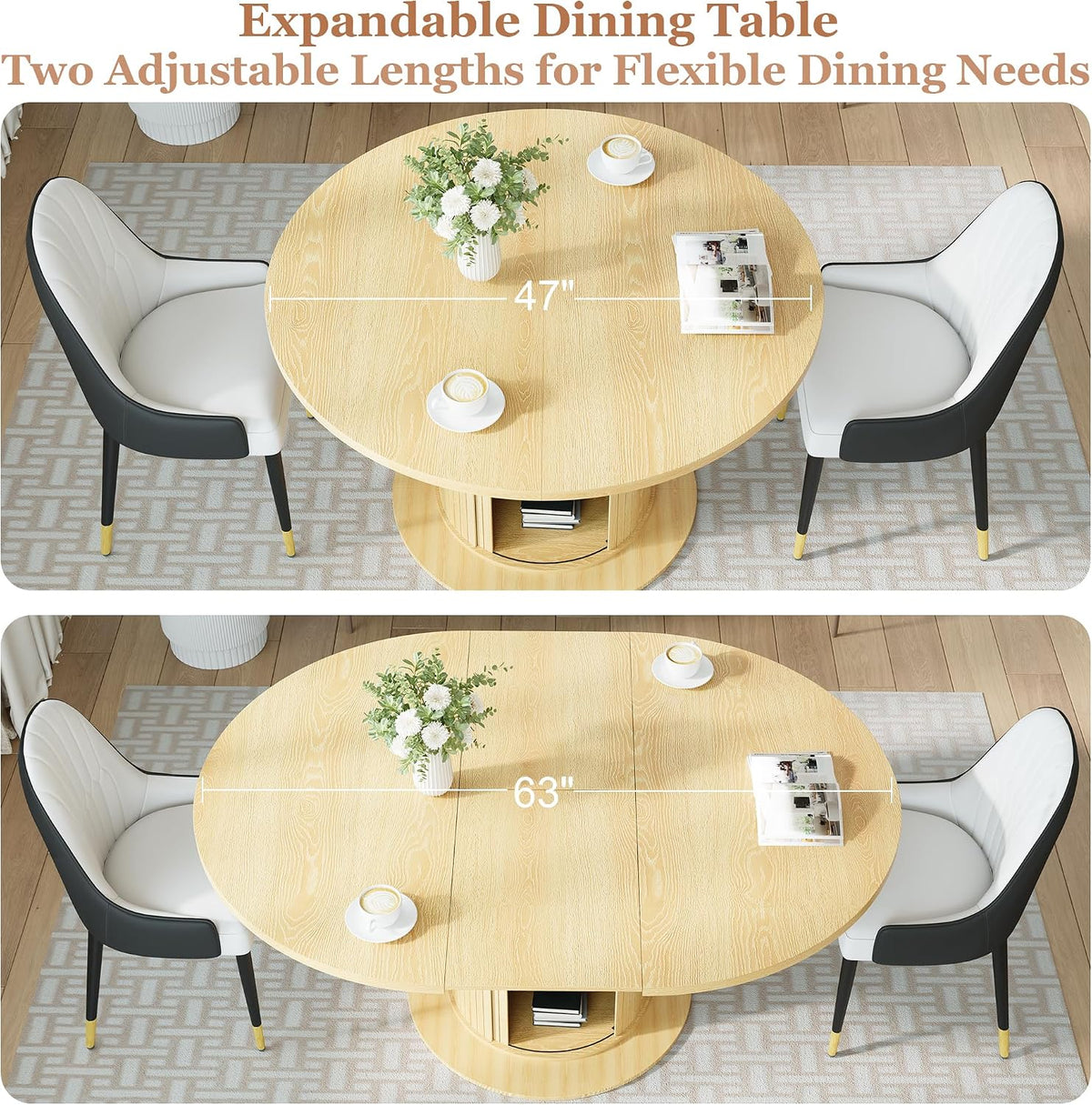 47"-63" Extendable Round-to-Oval Dining Table with Double-Layer Hidden Storage, Fluted Cylindrical Base and Sliding Doors, Modern Farmhouse Kitchen Table for Dining Room or Office, Oak