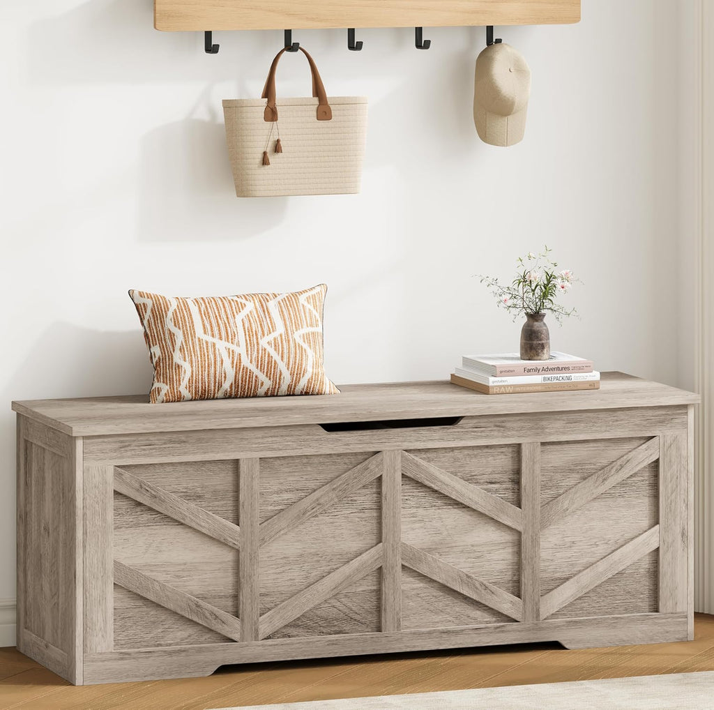 Extra Large Storage Chest, Storage Bench with 2 Safety Hinges | 51.2" Storage Trunk Supports 330 lb, Wooden Farmhouse Blanket Storage for Bedroom, living room, entryway, Greige