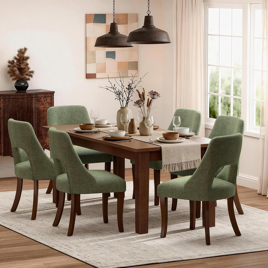 AQO Wooden Dining Chairs Set of 6, Mid Century Upholstered Kitchen Chairs Dining Room Chairs, Chenille Farmhouse Kitchen Chairs Dinner Chair for Kitchen Dining Room, Green