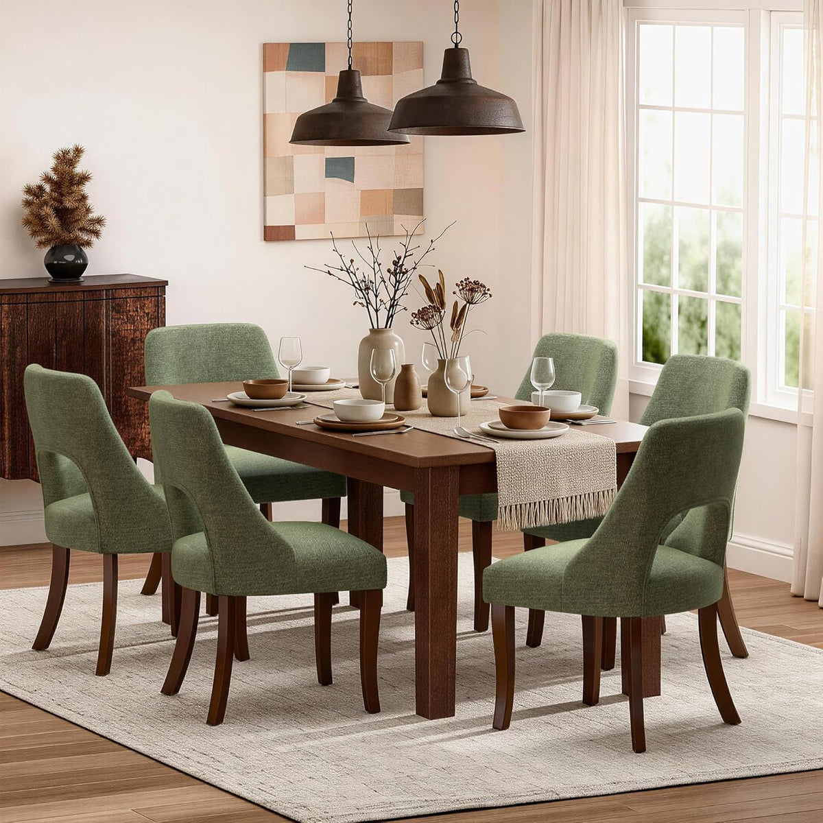 AQO Wooden Dining Chairs Set of 4, Mid Century Upholstered Kitchen Chairs Dining Room Chairs, Chenille Farmhouse Kitchen Chairs Dinner Chair for Kitchen Dining Room, Green