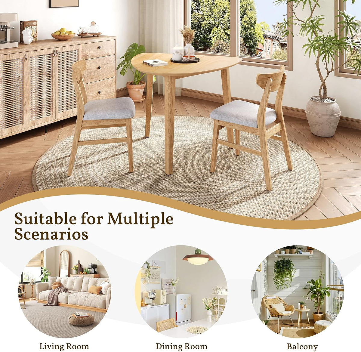 P PURLOVE Modern 3 Piece Table Set, Triangular Table and 2 Curved Wood Chairs for Living Room, Dining Room, Kitchen, Small Space, Minimalist Space-Saving (Natural)