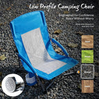 NEWBULIG Low Beach Chair – Folding Camping Chair for Adults, Low Profile Lawn Chair with Cup Holders & Carry Bag, Extra Wide Seat and High Back, Portable for Beach, Outdoors, Travel & Concerts, Blue