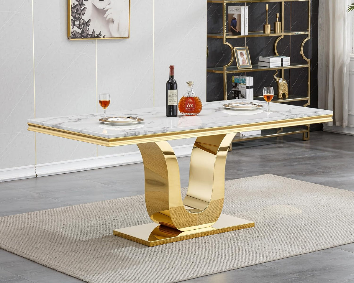 SSLine 68'' Marble Dining Table,Luxury Rectangular Kitchen Dining Room Table,Dining Table for 4-8 People with Gold U-Shape Stainless Steel Base for Kitchen Apartment