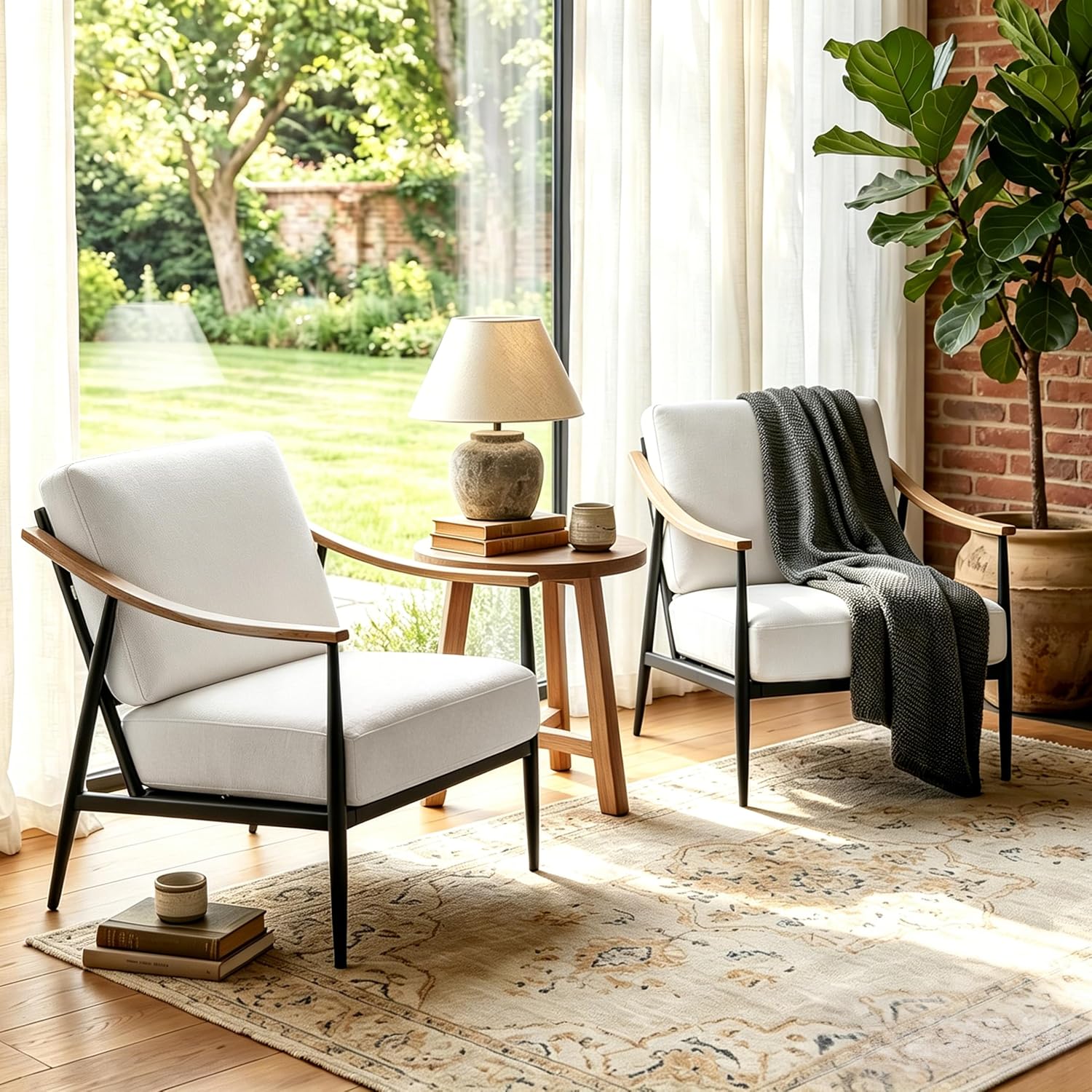 RNKSFX Modern Accent Chairs Set of 2 for Living Room Bedroom Mid Century Arm Chairs Upholstered Office Accent Chairs Comfy Waiting Room Chairs with Metal Frame, Cream White