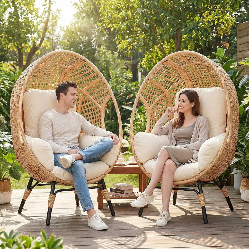 Oversized Wicker Egg Chair Outdoor Indoor Rattan Patio Egg Lounge Chairs with Cushion 500lbs Capacity for Living Room, Balcony, Backyard(Beige)