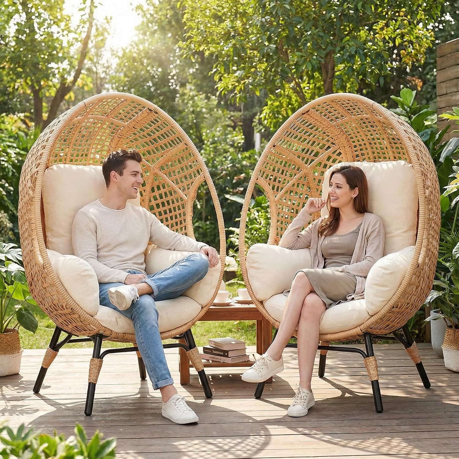 Oversized Wicker Egg Chair Outdoor Indoor Rattan Patio Egg Lounge Chairs with Cushion 500lbs Capacity for Living Room, Balcony, Backyard(Beige)