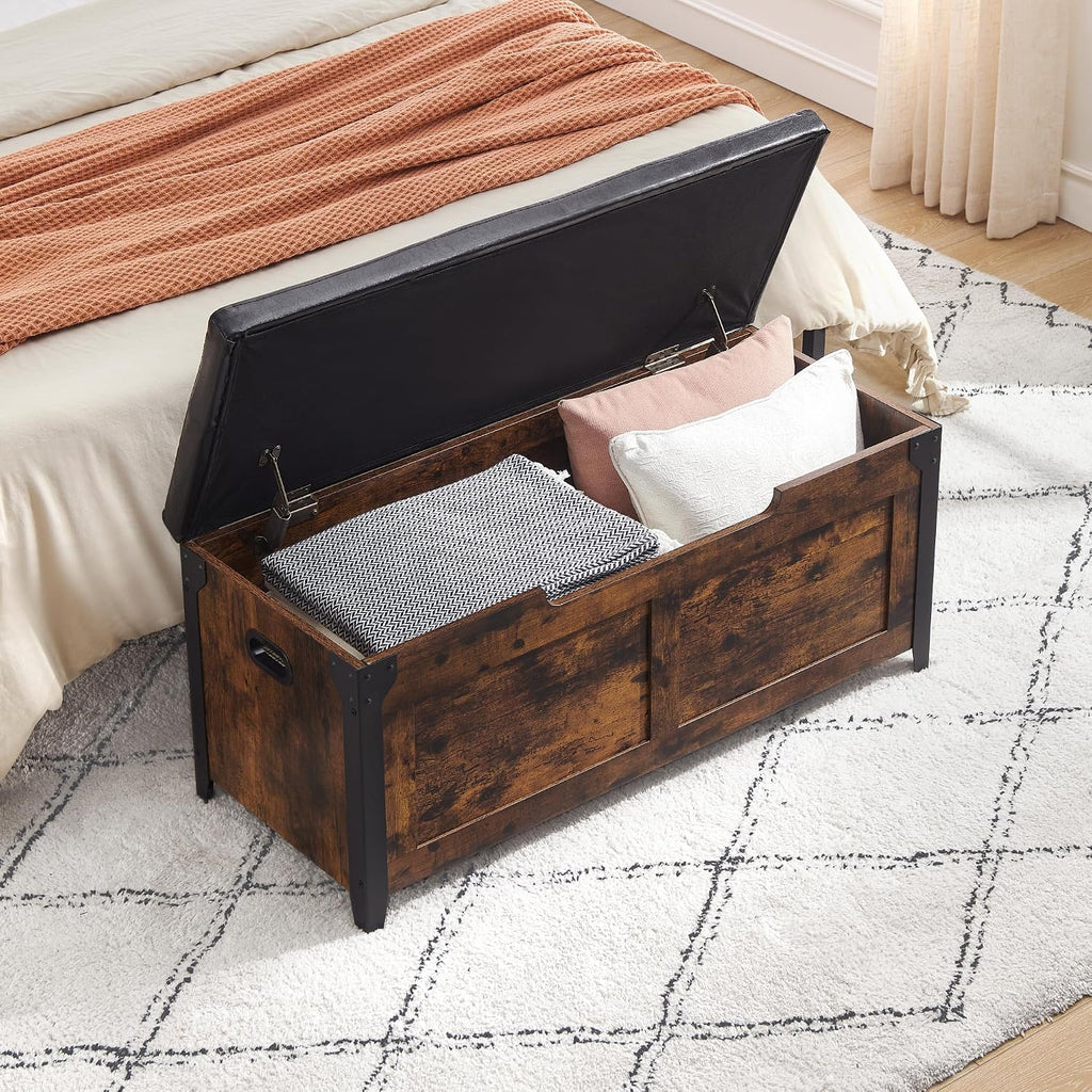 GAOMON 39.4" Storage Chest, Storage Bench with Safety Hinge | Farmhouse Style Wooden Trunk Chest for Entryway, Bedroom, Living Room, Rustic Brown