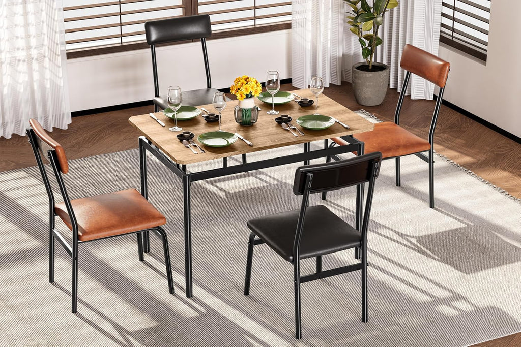Takywep Dining Table Set for 4 – Wooden Kitchen Table with 4 PU Upholstered Chairs, Industrial Metal Frame Kitchen & Dining Set for Home, Apartment, Studio, Brown & Black