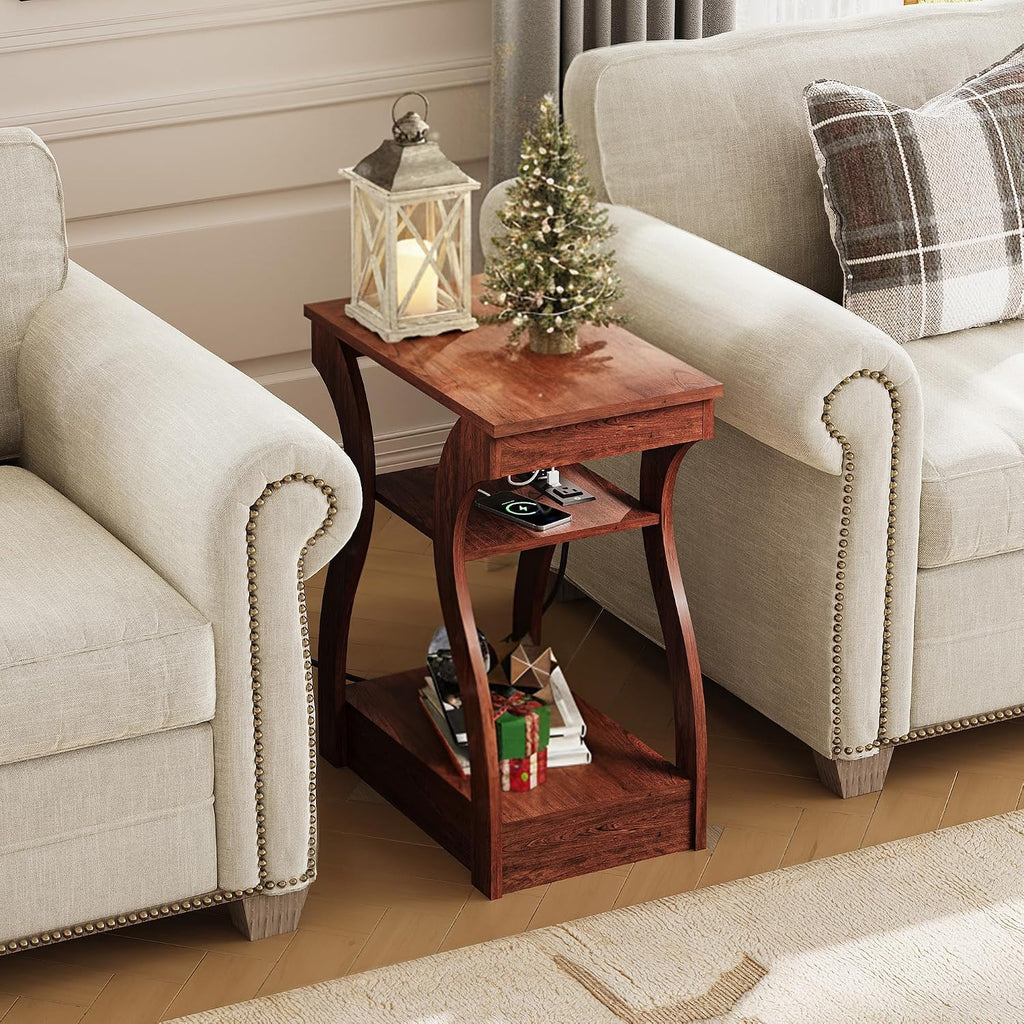 WLIVE End Tables Living Room Set of 2, Cherry Side Tables with Charging Station, Nightstand for Bedroom, 3 Tier End Table with Storage Shelf, Side Table Set of 2 for Living Room, Cherry