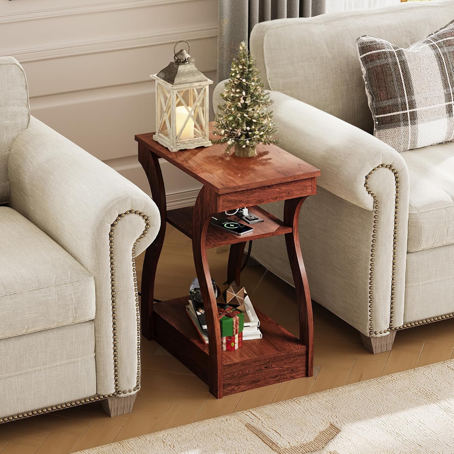 WLIVE End Tables Living Room Set of 2, Cherry Side Tables with Charging Station, Nightstand for Bedroom, 3 Tier End Table with Storage Shelf, Side Table Set of 2 for Living Room, Cherry