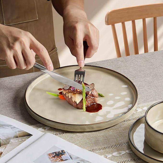 Herogo Plates and Bowls Dinnerware Sets for 8, 24 Pieces Stoneware Dishes Sets, Dinning Dishes for Kitchen, Dishwasher & Microwave Safe, Cream Khaki