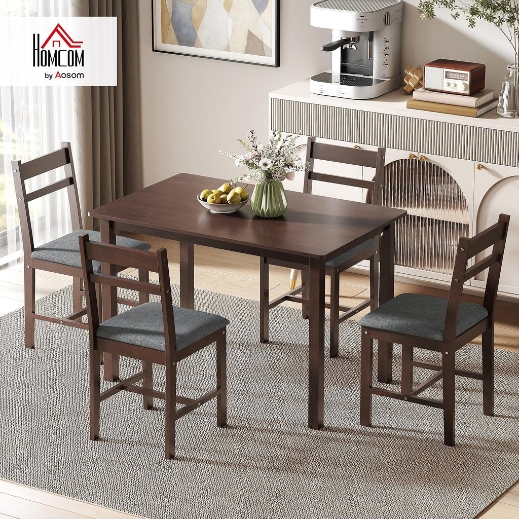 HOMCOM 5-Piece Solid Wood Dining Table Set for 4, Walnut and Gray | Farmhouse Kitchen Table, Upholstered Chairs, Small Space, Dining Room, Breakfast Nook