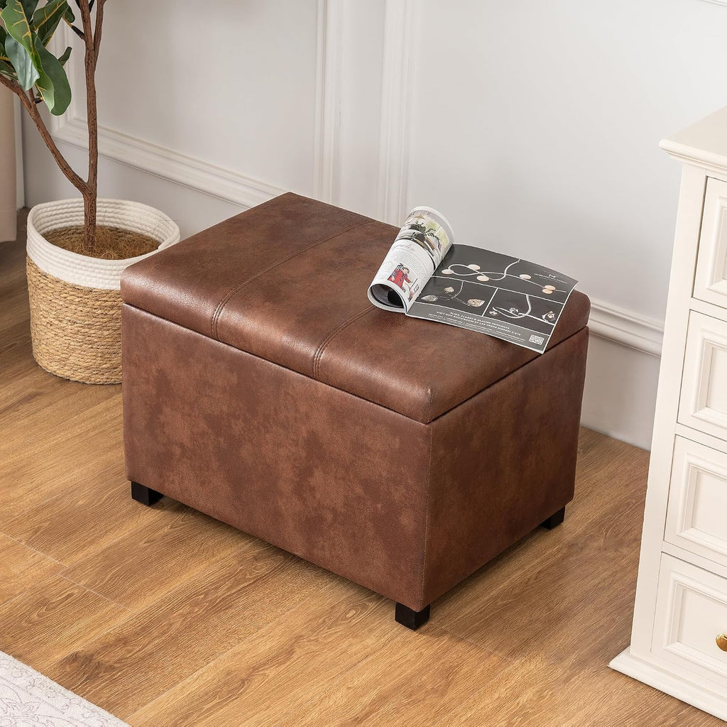 Asense 24-Inch Storage Ottoman Bench,Foot Stool Ottoman with Storage, Faux Leather Upholstered Foot Rest Seat with Safety Hinge,Wood Legs Stool for Living Room, Bedroom,Entryway,Coffee Brown