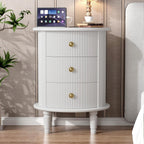Round End Table with Charging Station, Wood Side Table with Storage for Small Spaces, White Nightstand with 3 Drawers, Couch Side Cabinet Bedside Table for Living Room/Bedroom/Corner