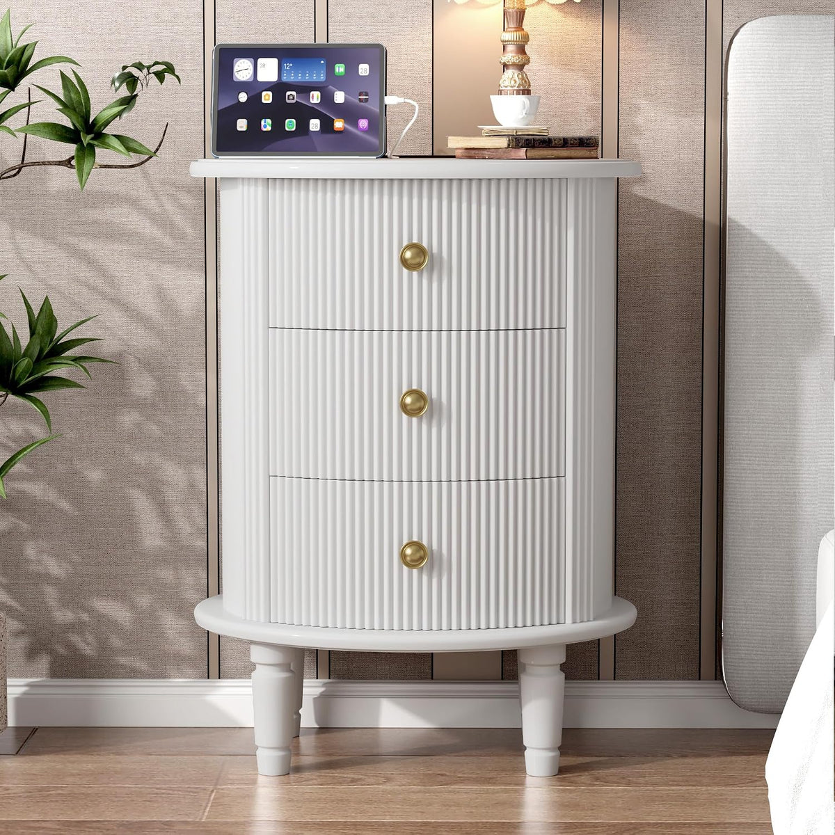 Round End Table with Charging Station, Wood Side Table with Storage for Small Spaces, White Nightstand with 3 Drawers, Couch Side Cabinet Bedside Table for Living Room/Bedroom/Corner