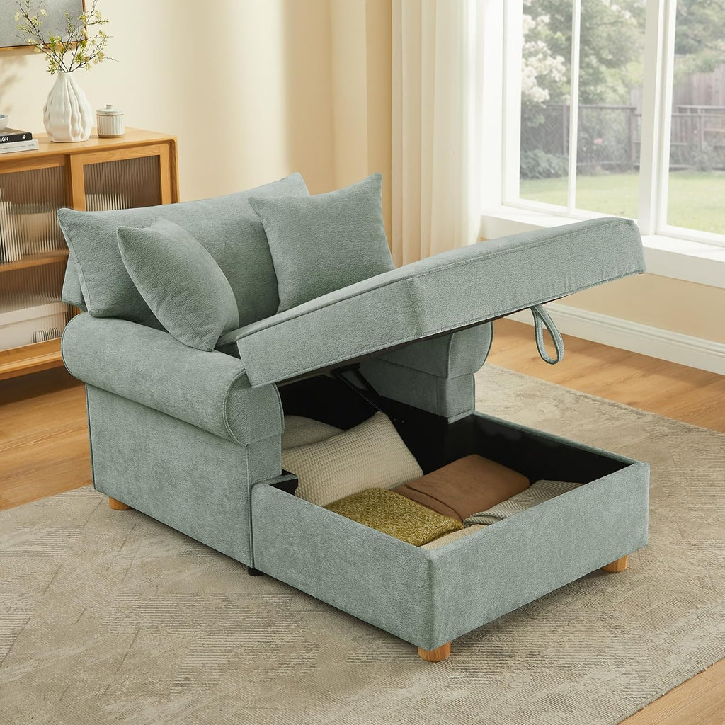 VANOMi Oversized Chaise Lounge Chair Indoor, Comfy Reading Chair with Storage, Chenille Upholstered Sleeper Chair with 2 Pillows Accent Armchair for Living Bedroom, Light Green
