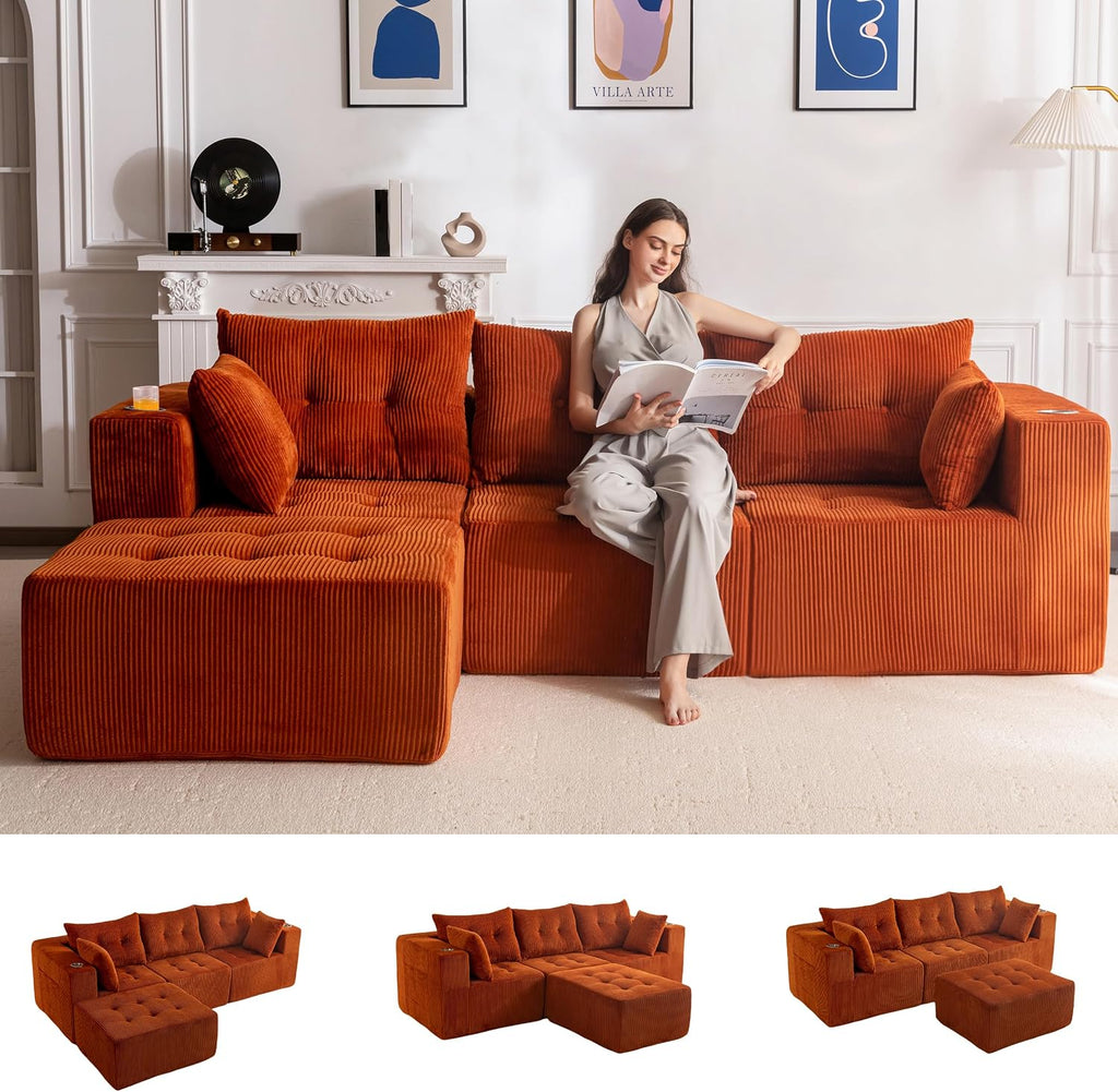 MAXYOYO Couch, L-Shaped Modular Cloud Couch, 4-Seat Sofa, Ottoman | Orange Tufted Sofa in a Box Includes One Ottoman, No Assembly, Offering Flexible 4-Seat Comfort for Modern Living Rooms