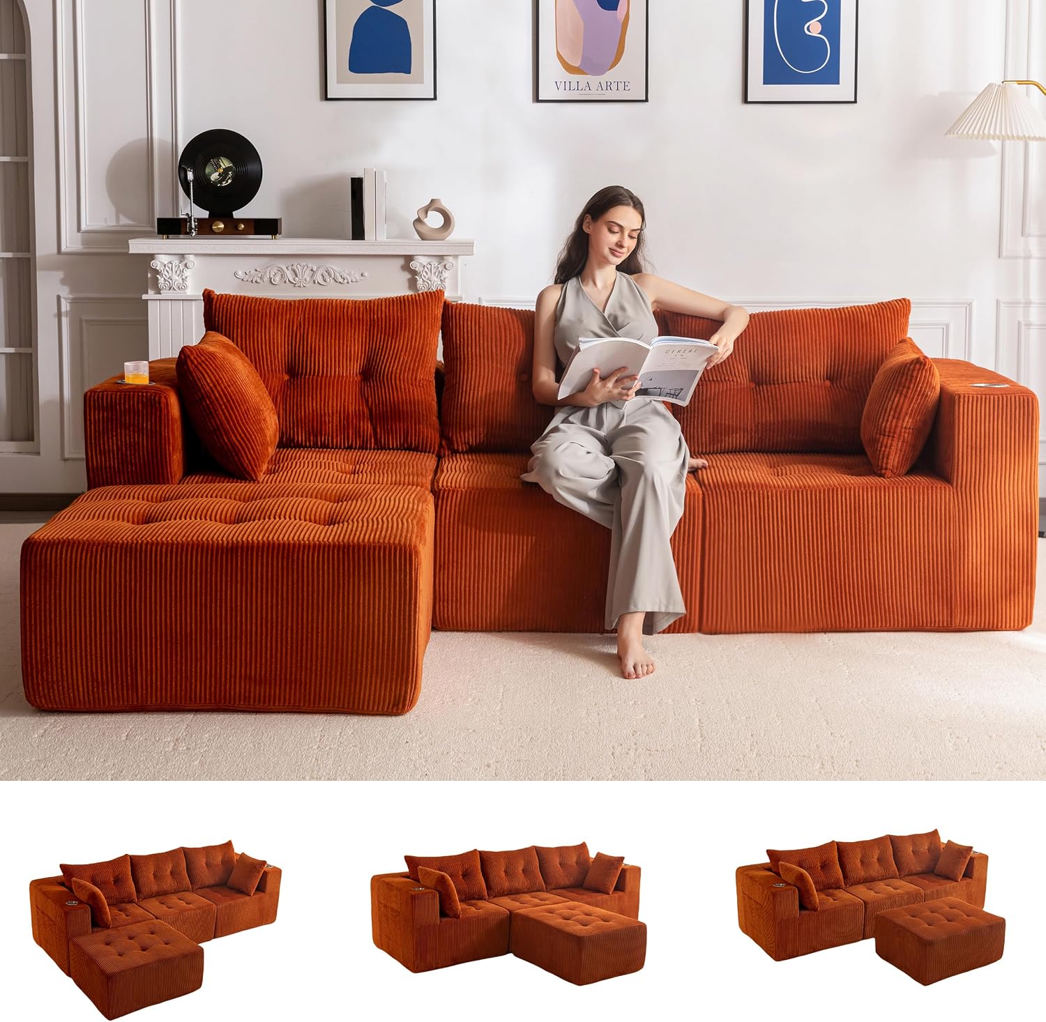 MAXYOYO Couch, L-Shaped Modular Cloud Couch, 4-Seat Sofa, Ottoman | Orange Tufted Sofa in a Box Includes One Ottoman, No Assembly, Offering Flexible 4-Seat Comfort for Modern Living Rooms