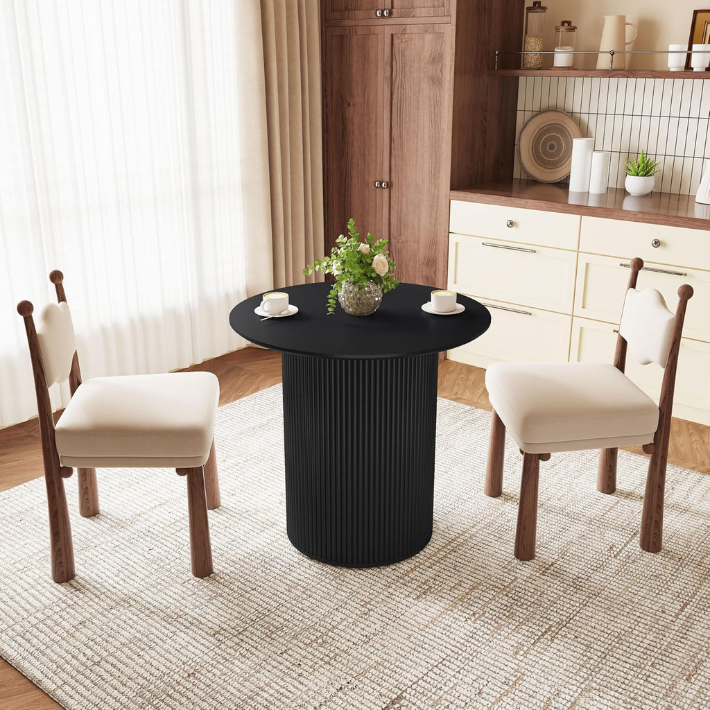 31.5 inch Round Dining Table for 2, Farmhouse Wood Fluted Dinner Round Kitchen Table with Wood Fluted Base, Mid-Century Modern Small Circle Dining Room Ta ble for Kitchen Living Room (Black)