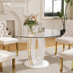RGZ 39'' Modern Luxury Clear Glass Round Dining Table for 4-6, Glass Circle Top Kitchen Table with Elegant Gold Decorative Strips & White Base, Small Apartment Dinner Table for Home, Living Room