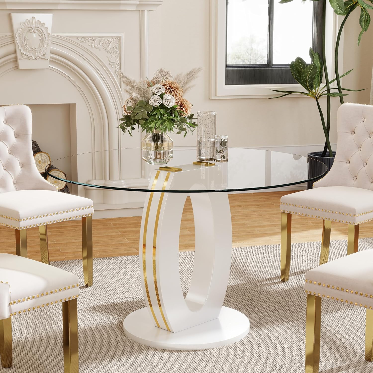RGZ 39'' Modern Luxury Clear Glass Round Dining Table for 4-6, Glass Circle Top Kitchen Table with Elegant Gold Decorative Strips & White Base, Small Apartment Dinner Table for Home, Living Room