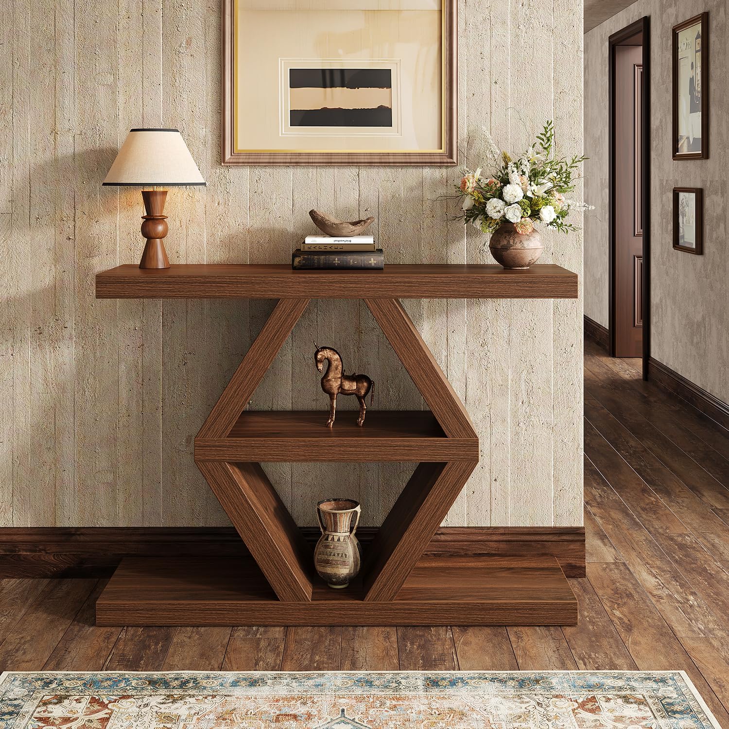 39.4" Farmhouse Console Table, Rustic Entryway Table with 3-Tier Storage Shelves, Wooden Sofa Table Behind Couch, Unique Modern Narrow Entry Table for Entrance, Hallway, Foyer, Living Room, Walnut