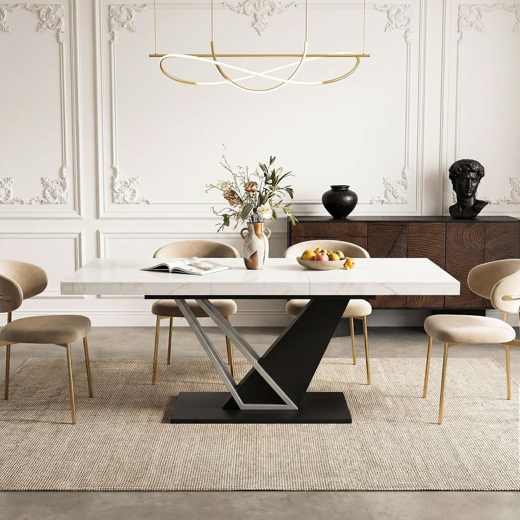 COSIEST 59'' to 78.7'' Extendable Dining Table for 4-8, Faux Marble Expandable Kitchen Table with Sturdy Metal Base, Rectangle Dinner Table for Small Space, Dining Room, Living Room, White