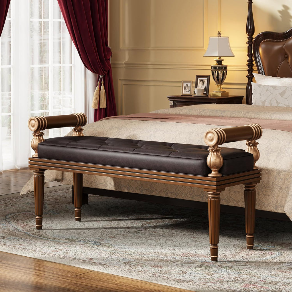 Christopher Knight Home Yae Luxurious PU Leather Upholstered End of Bed Ottoman, Wooden Living Room Ottoman Bench with Fluted Legs/Cylindrical Arm, Long Entryway Bench with Button Tufting, Brown