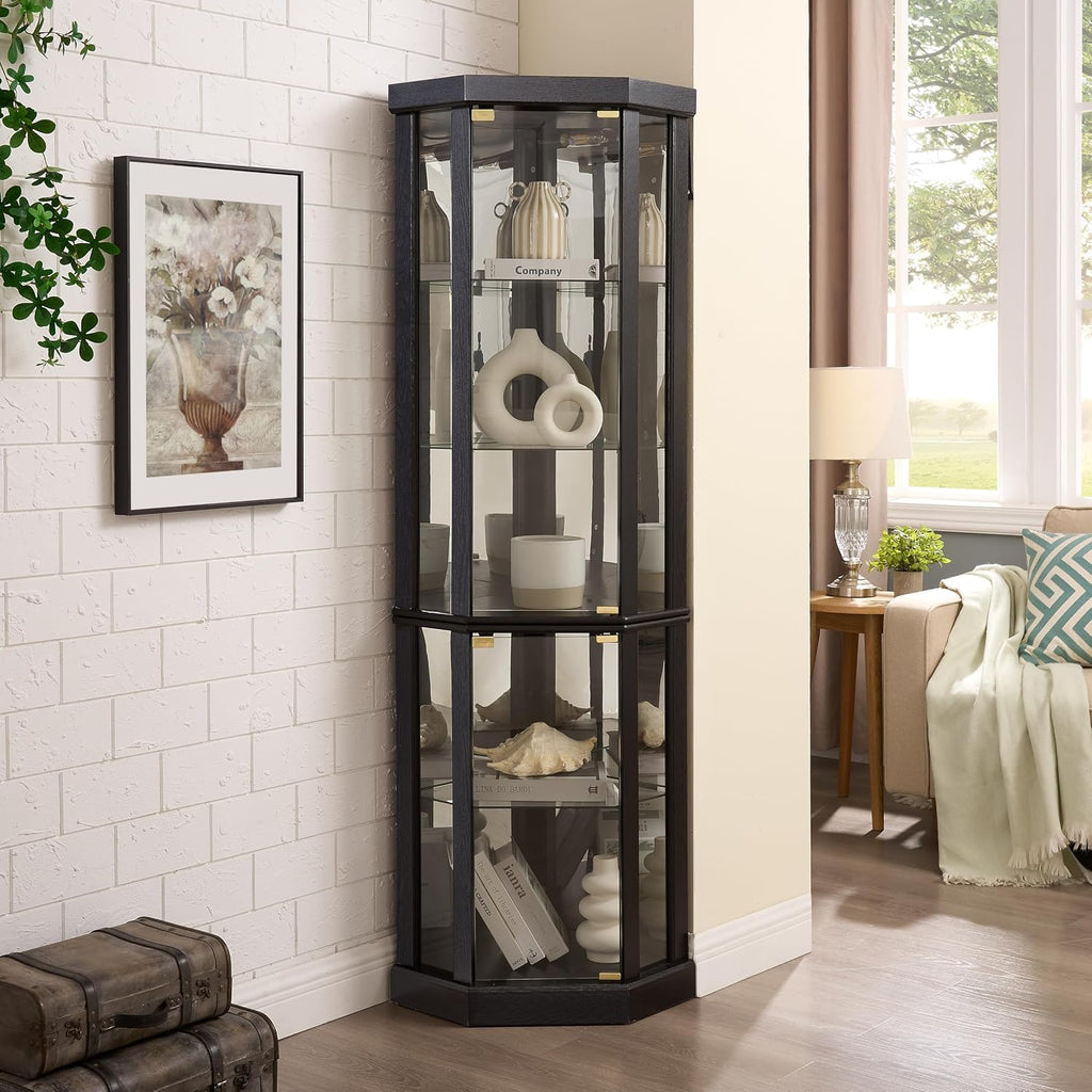 Lighted Corner Curio Cabinet - Elegant Glass Display Case for Living Room & Bar Storage - Perfect for Antique Collections & Wine - Includes Built-in Lighting - Black