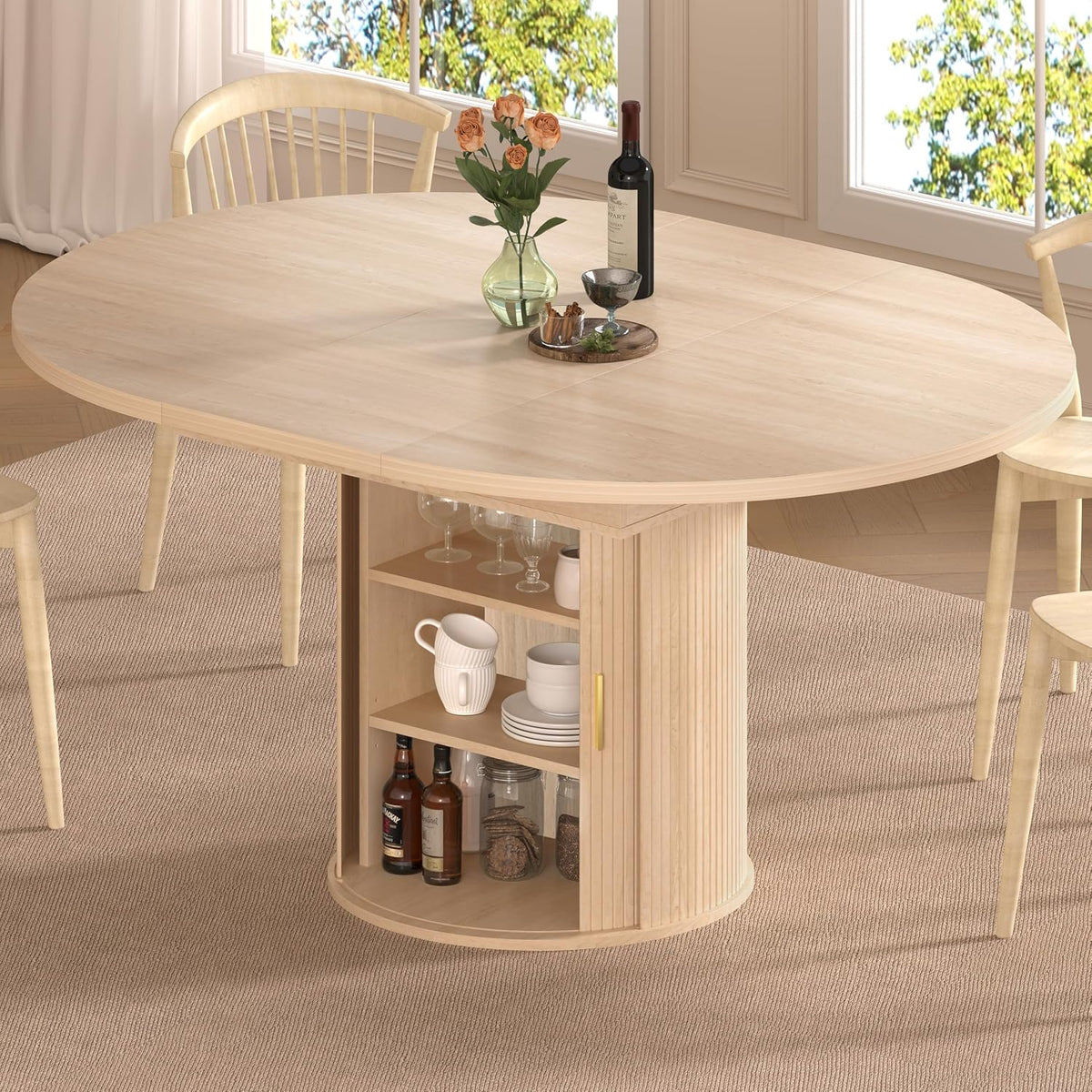 DHH 47"-63" Extendable Round Dining Table for 4–8 with Storage, Mid Century Modern Farmhouse Wood Oval Dinner Table with Pedestal Base for Kitchen, Living Room (Natural Wood)